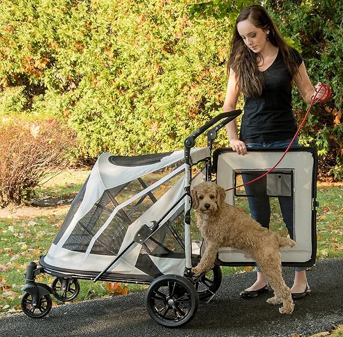 Pet Gear NO-Zip Pet Stroller with Dual Entry, Push Button Zipperless Entry for Single or Multiple Dogs/Cats, Pet Can Easily Walk in/Out, No Need to Lift Pet, Gel-Filled Tires, 1 Model, NEW Fog