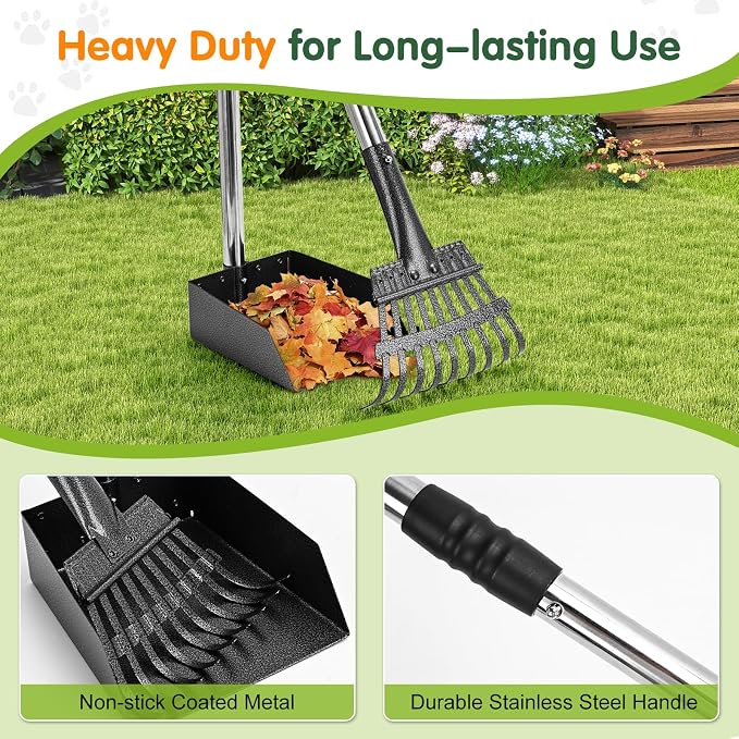 lychee Heavy Duty Stainless Metal Dog Pooper Scooper Tray and Rake Set for Yard- Portable Pooper Scooper for Small to Medium Dogs, Adjustable Long Handle,Rust-Proof, with Bag Attachment, Leash Clip