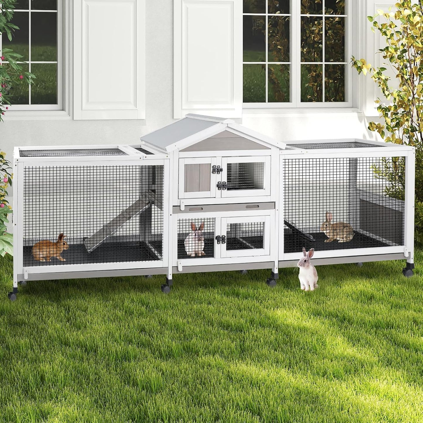 Double Rabbit Hutch Outdoor Indoor Large Bunny Cage with Dual Side Runs, 2-Story Wooden Hutch with 4 Leak Proof Trays, 8 Wheels, Waterproof Roof, Ramp, for Small to Medium Animals