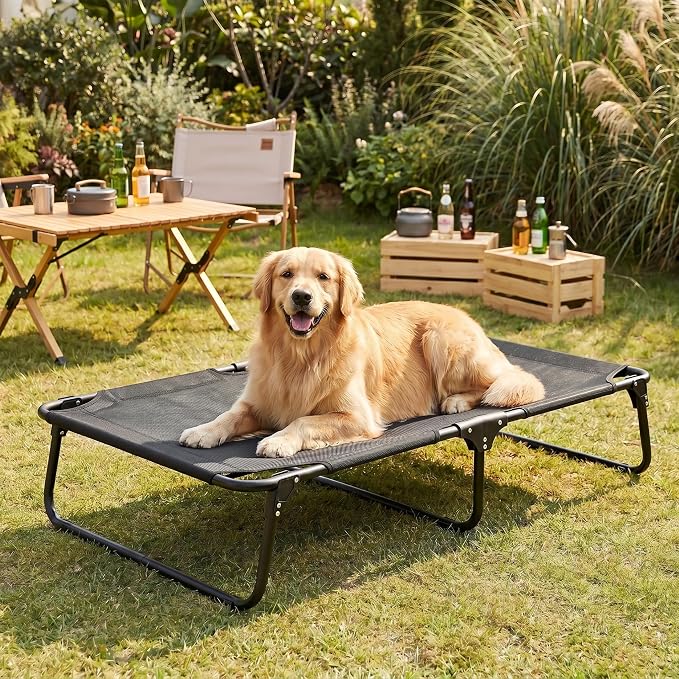 Foldable Outdoor Elevated Dog Cot Bed with Handle | Large Raised Pet Bed Load Over 150 LB, Breathable Mesh, Heavy Duty Frame, Non-slip Foot Pads