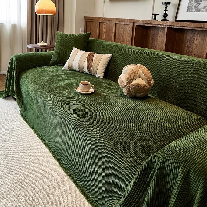 VClife Vintage Olive Green Striped Couch Cover with Tassel, 71" X 150" | Soft Thick Chenille Couch Covers for 3 Cushion Couch Sofa, Washable Sofa Covers for Sectional Sofa, Fade & Shrink Resistant