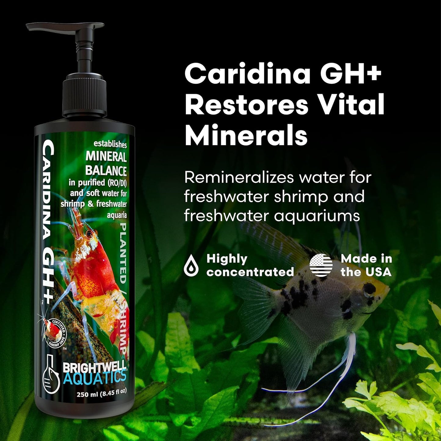 Brightwell Aquatics Caridina GH+ Mineral Supplement Restores Calcium Magnesium Potassium Sodium in Soft RO/DI Water for Shrimp Breeding and Plant Health, 125 ml