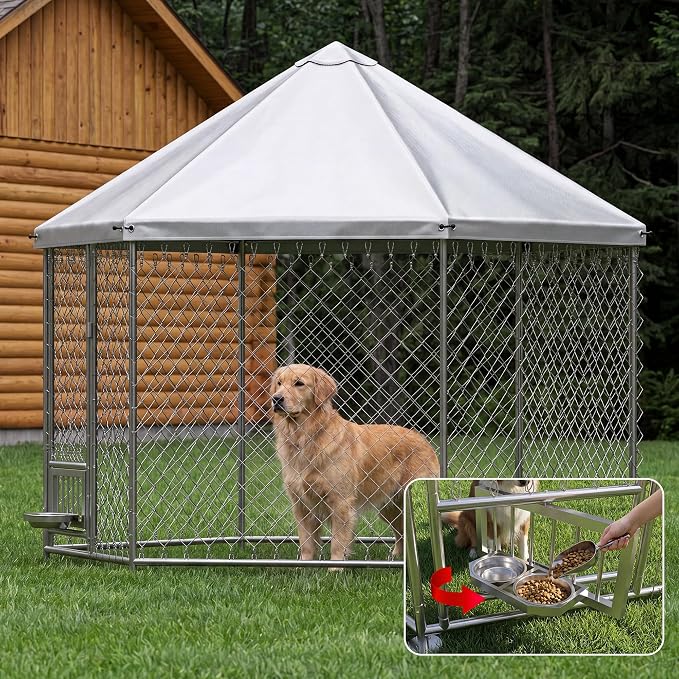Dog Kennel Outdoor Enclosure with Roof, 6.9x6.9x5.9ft Heavy Duty Galvanized Steel Outside Dog Run with Adjustable Rotating Bowls for Yard, Medium Large Dogs