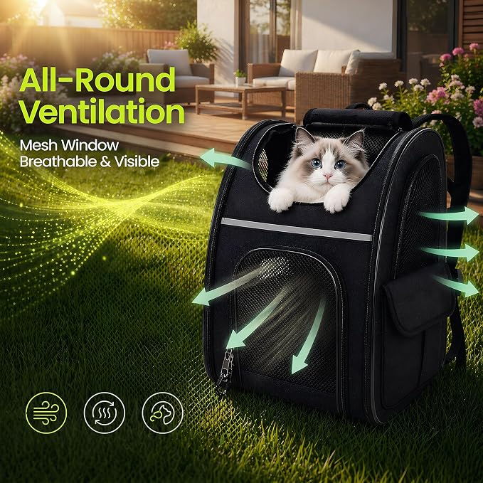 Expandable Cat Backpack Carrier Airline Approved Pet Travel Backpack with Breathable Mesh, Large Space, Safety Leash, Comfortable Padded Straps, Foldable Soft Pet Carrier for Hiking Vet