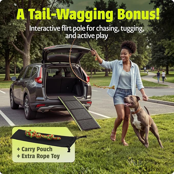 Foldable Dog Ramp for Cars, Trucks & SUV - 63” Long, 250 LB Capacity | Reflective Edges, Flirt Pole and Built-in Carry Handle Included.