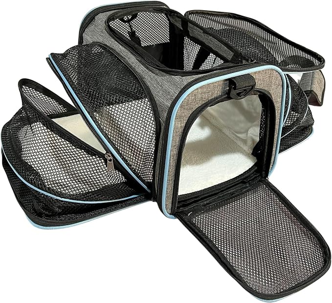 Expandable Cat Carrier Pet Carrier with 2 Extensions,Airline Approved Soft-Sided Portable Dog Travel Washable Carrier for Kittens,Puppies,Removable Soft Plush Mat (Grey Blue, Small)