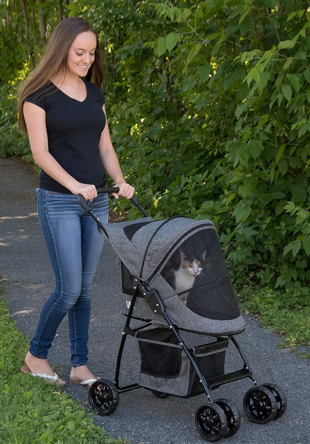 Pet Gear No-Zip Happy Trails Lite Pet Stroller, Dark Platinum | Zipperless Entry, Easy Fold with Removable Liner, Safety Tether, Storage Basket + Cup Holder, For Cats/Dogs