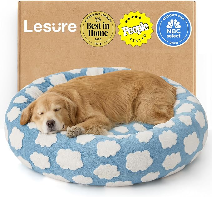 LE SURE Shown on TV Jacquard Donut Dog Beds Extra Large,Blue 42x42x9in | XL Orthopedic Calming Pet Bed Sofa, Original Design Pattern,Washable Cover, Home Decor as Gift for Pet,Anti Slip Bottom