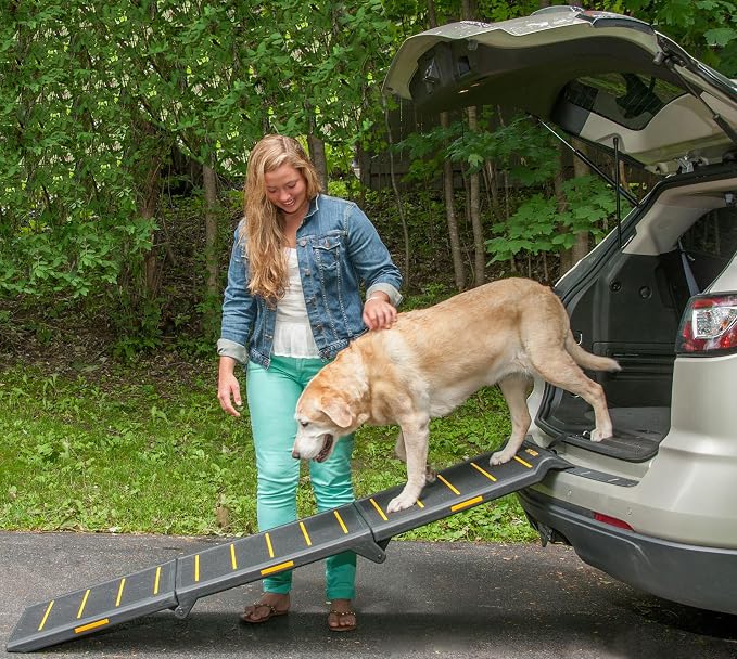Pet Gear Tri-Fold Portable Pet Ramp for Dogs/Cats, 71" Long, Safety Yellow | Extra Wide, Holds up to 200lbs, Compact/Easy Fold with Safety Tether