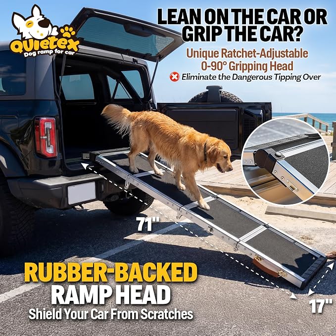 Extra Long 71”Dog Ramp for Car with Adjustable Head, Folding Pet Ramp for Large Dogs with Non-Slip Surface Dog Ramps Up to 200 lb for Car SUV Truck Bed Couch