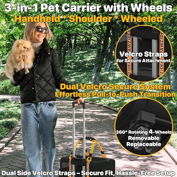 PAWZIDEA Expandable Pet Carrier with Wheels, 18"x11"x11" TSA Airline Approved Cat Carrier for 2 Cats Under Seat, Collapsible Soft-Sided Small Dog Rolling Travel Bag with Telescopic Handle, Up to 18lbs