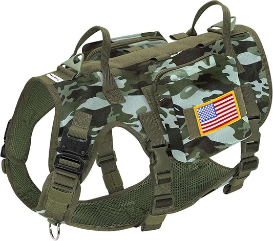 Forestpaw Tactical Dog Harness Pouches and Patches Set,L,Camo Green | Adjustable Fits 27-40" Chest,70-140 lbs,No Pull Military Style Service Dog Vest for Daily Walking Training,Medium Large Dogs