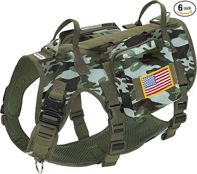 Forestpaw Tactical Dog Harness Pouches and Patches Set,M,Camo Green | Adjustable Fits 22-35" Chest,30-80 lbs,No Pull Military Style Service Dog Vest for Daily Walking Training,Medium Dogs