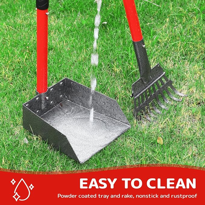 Pooper Scooper for Dogs, Sturdy Stainless Steel Dog Poop Scooper for Large Medium Small Dogs, Detachable Metal Rake & Tray Set for Yard, Grass, Dirt or Gravel (Red)