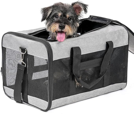 Conlun Dog Carrier Soft Sided, Large Cat Carrier with Inner Safety Leash, Pet Transport Carrier for Large Cats and Medium Dogs up to 20 Lbs, Collapsible Travel Puppy Carrier Bag -Gray L