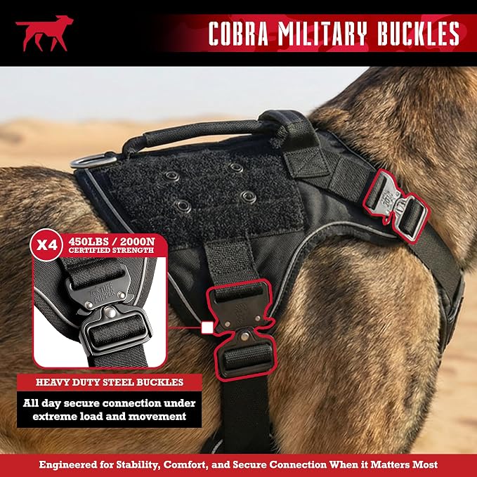 Tuff Pupper Elite Tactical Dog Harness | Dual Control Handles | Front & Back D-Rings | Fully Adjustable | Military Cobra Buckles | Heavy Duty Nylon Vest | Reflective MOLLE Dog Harness for Large Dogs