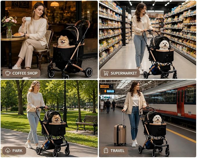 Dog Strollers for Small Medium Dogs and Cats 45 lbs, 3-in-1 Pet Stroller with Removable Carrier, 4 Wheels One-Hand Fold Travel Carriage with Storage, Cup Holder and Car Seat, Black