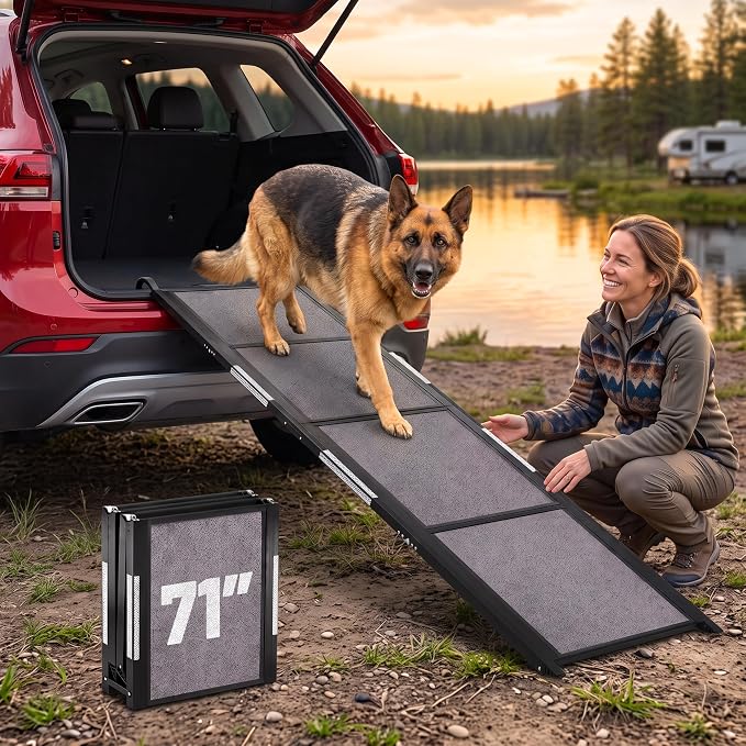 Dog Ramp for Car - 71" L x 17" W Portable Dog Ramp for Car | Foldable dog ramp for cars, trucks & SUVs, beds & sofas with anti-slip feet, traction carpet, 250 lb, for Corgis & Dachshunds