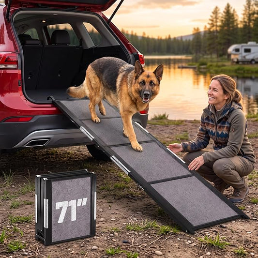 Dog Ramp for Car - 71" L x 17" W Portable Dog Ramp for Car | Foldable dog ramp for cars, trucks & SUVs, beds & sofas with anti-slip feet, traction carpet, 250 lb, for Corgis & Dachshunds