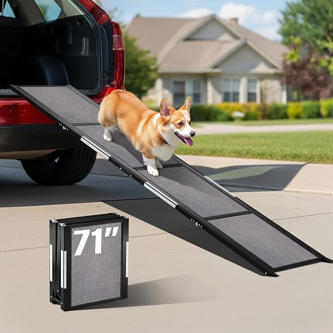 Dog Ramp for Car - 71" L x 17" W Portable Dog Ramp for Car | Foldable, Compact, Cars, Trucks, SUVs, Beds, Sofas, Anti-slip Feet, Traction Carpet, 250 lbs Capacity, for Small to Large