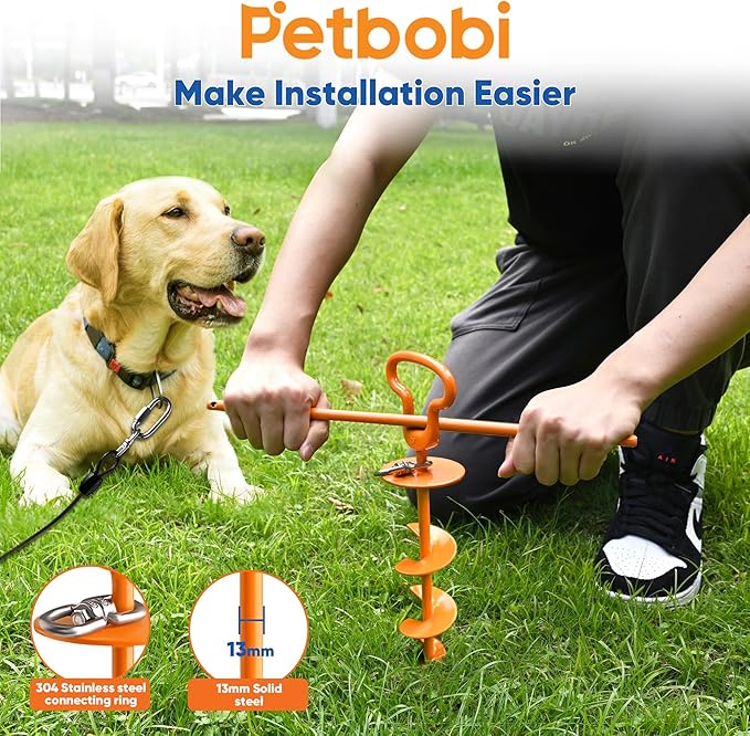 Petbobi Heavy Duty Dog Tie Out Cable and Stake - 50FT Steel Wire Dog Leads for Large Dogs Up to 300lbs, Anti Rust Spiral Stake with Strong Leash & 360° Swivel Hooks - Ideal for Yard, Outdoor & Camping