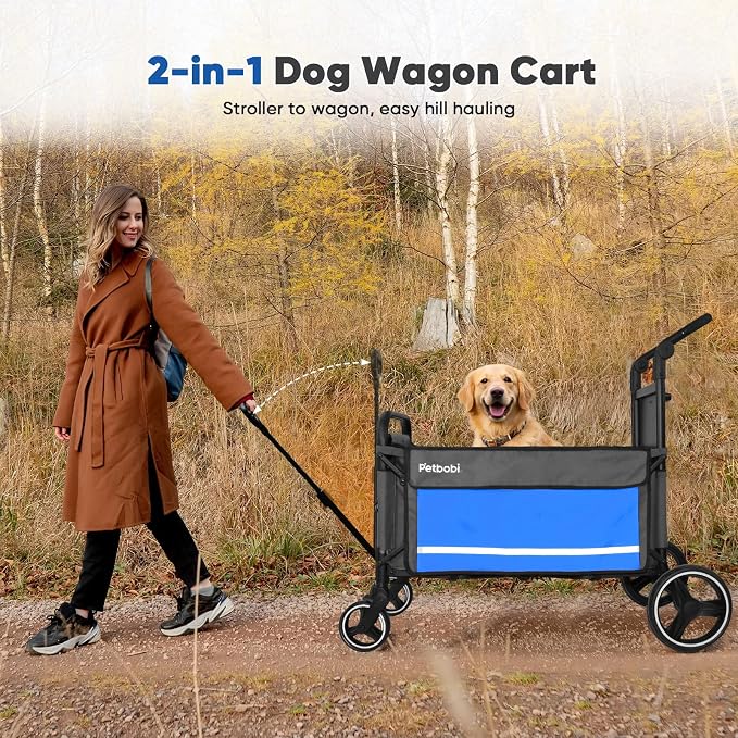 Petbobi Dog Wagon for Large Dogs, Push & Pull Foldable Pet Cart with Ramp | Fits Medium & Heavy Breeds Up to 80 lbs, 360° Swivel Stroller Wheels, Adjustable Handle, Foot Brake, Safety Leashes, Blue