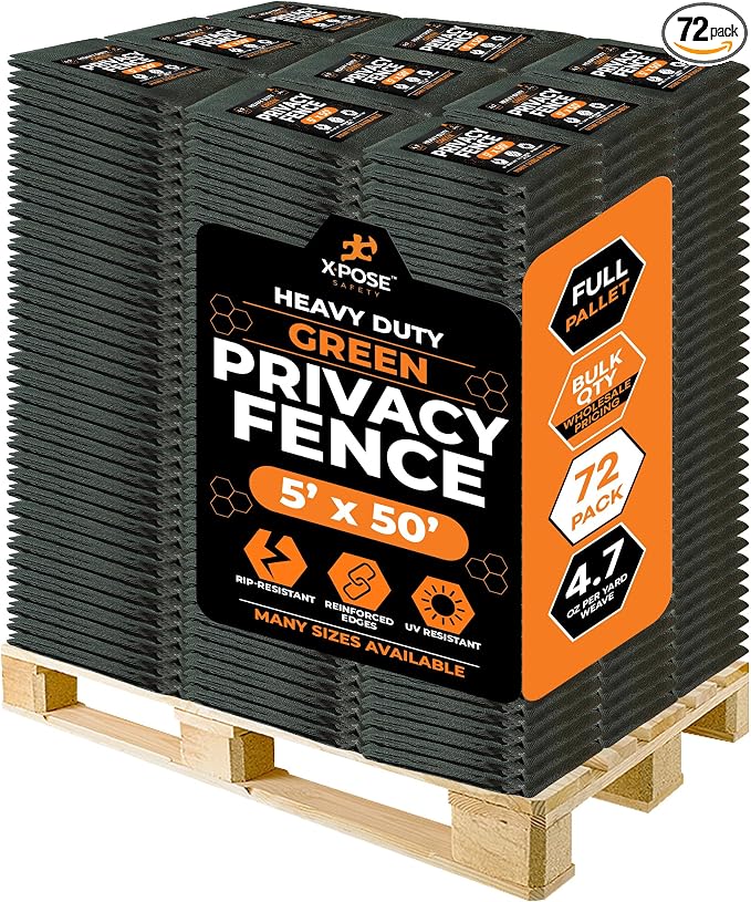 Xpose Safety Privacy Fence Screen 5’ x 50’ (72 Pack) – Bulk Full Pallet – Heavy Duty Green Mesh with 90% Visibility Block, UV Protection – for Garden, Yard, Nursery, Kennel, Dog Run, Greenhouse
