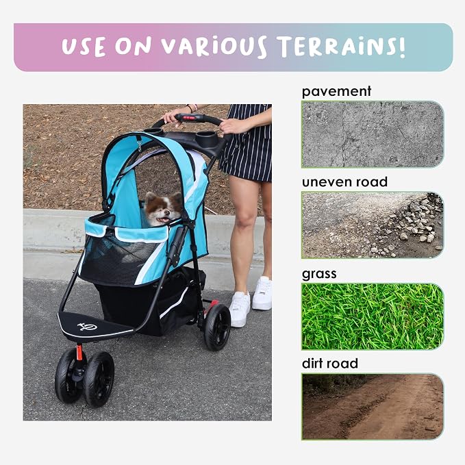 Petique Revolutionary Durable Pet Stroller, Easy Fold, Quality mesh Windows, Large Storage Basket, Secure Cup Holder Tray, Small/Medium Dogs, Cats and Pets, Supports up to 55LBS - Venus (Teal)