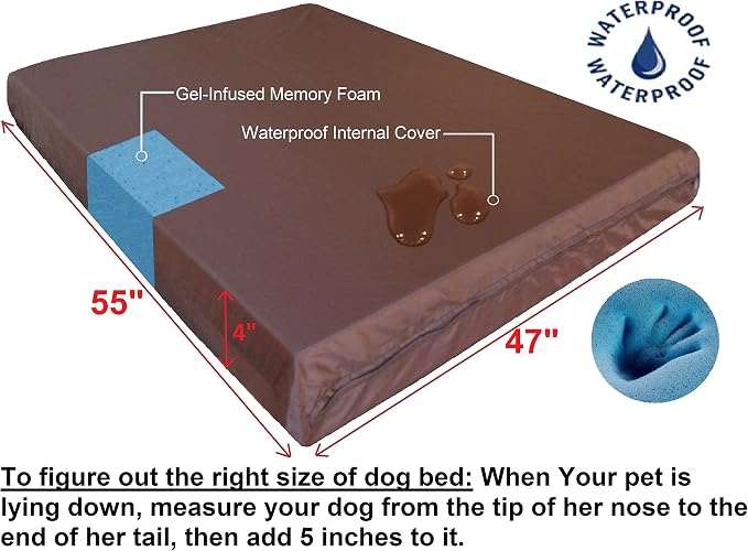 Dogbed4less Jumbo Waterproof Orthopedic Memory Foam Dog Bed for Large Dogs, Washable Durable Cover and Extra Pet Bed Case, 55"X47"X4", Khaki