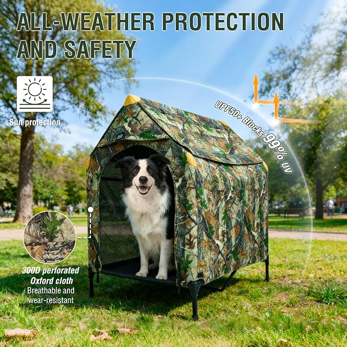 Privacy Outdoor Dog House & Elevated Bed 2-in-1, UPF50+ Sun Rain Protection, Breathable Camping Pet Tent with Cover, Portable for Indoor & Backyard Use（M）