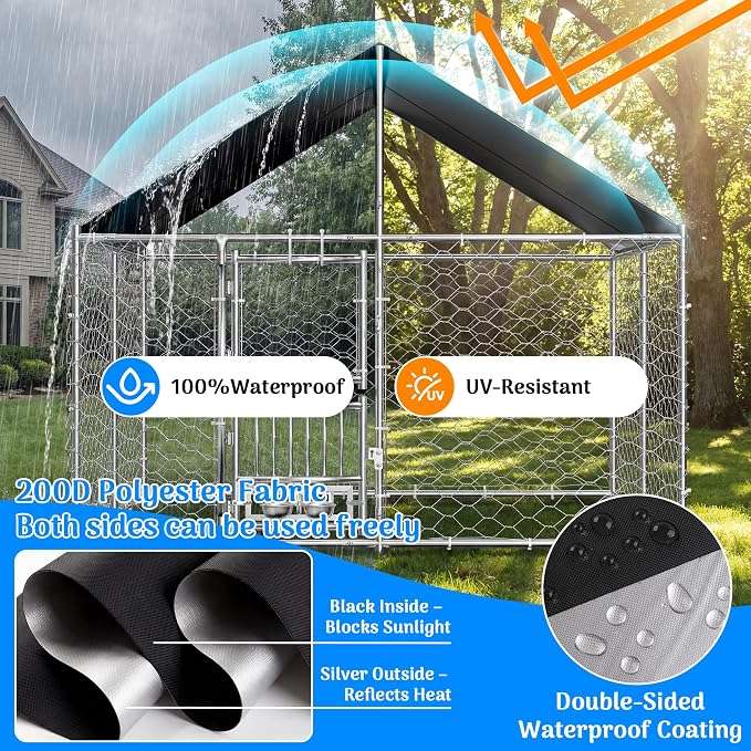 Redlife 7.5x7.5FT Heavy-Duty Outdoor Dog Kennel with Roof | Galvanized Steel Dog Cage, 360° Rotating Feeding Bowls, Double Door Opening, Waterproof Cover, Large Backyard Pet Enclosure