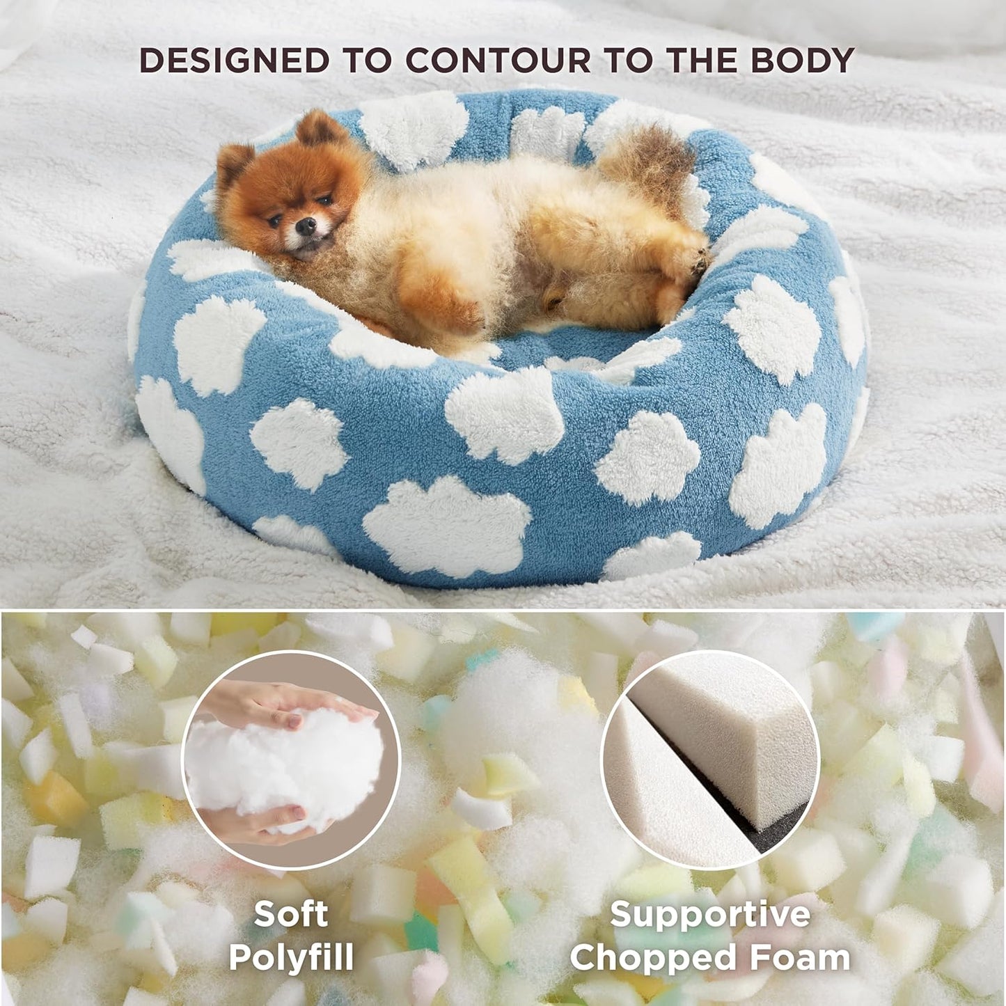 LE SURE Donut Dog Beds for Small Dogs - Round Cat Beds for Indoor Cats for Calming Pet with Washable Cover, Cute Modern Beds with Jacquard Shaggy Plush & Anti Slip Bottom, 23 Inch, Blue