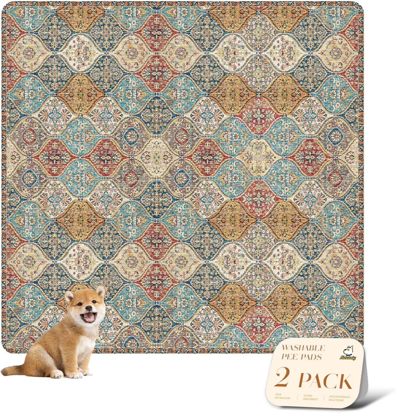 nunubaby 2PACK Washable Pee Pads for Dogs, Stylish, Non-Slip and Leak-Proof Pee Pads. Reusable Potty Pads for Dogs for Crates and Floors.(Cream/Multi, 72" x72")