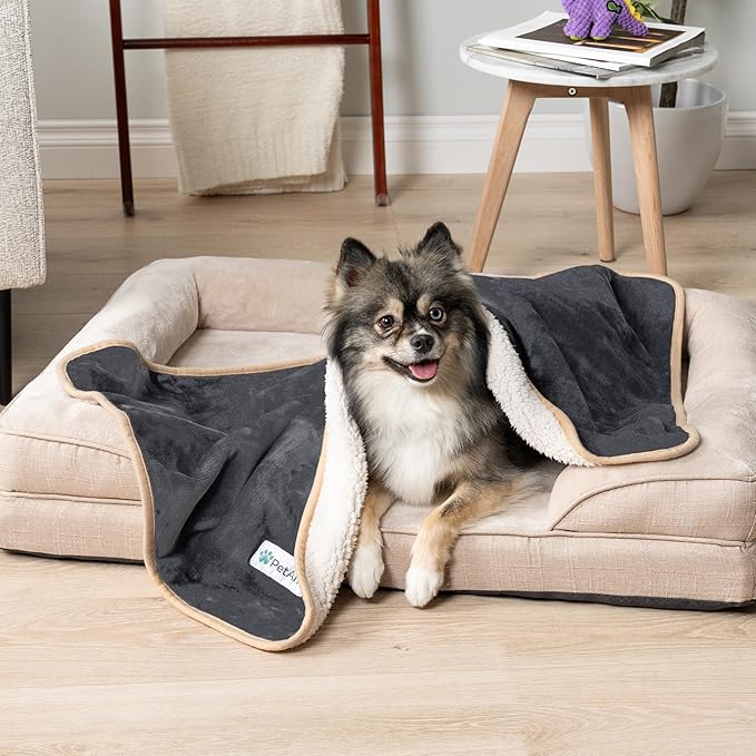 PetAmi Waterproof Dog Blanket for Small Medium Dogs, Pee Proof Pet Blanket for Couch Bed, Reversible, Soft Fleece, Washable, 24x32 Gray/Beige