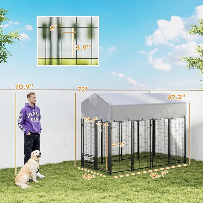 PawHut 8' x 4' x 6' Dog Kennel Outside Welded Wire for Large Breeds Silver | Outdoor Dog Kennel Run, 360° Rotating Bowls, Waterproof & UV Resistant Cover, for Chickens, Ducks
