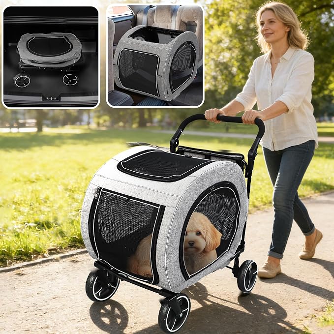 Saudism Pet Stroller for Dogs Cats up to 50 lbs, Foldable Dog Stroller with 360° Swivel Wheels, Detachable Carrier, Adjustable Handle, Travel Dog Stroller for Small Medium Large Pets, Gray