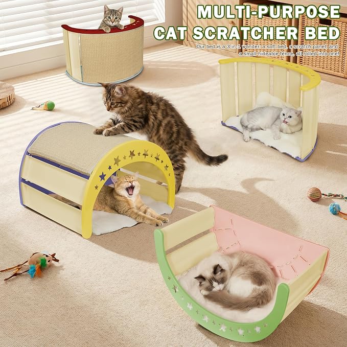 3-in-1 Crescent Elevated Cat Bed with Removable Sisal Scratcher & Soft Fleece Mat, Rocking Cat Hammock Lounge for Indoor Cats, Kittens & Small Animals, Pink