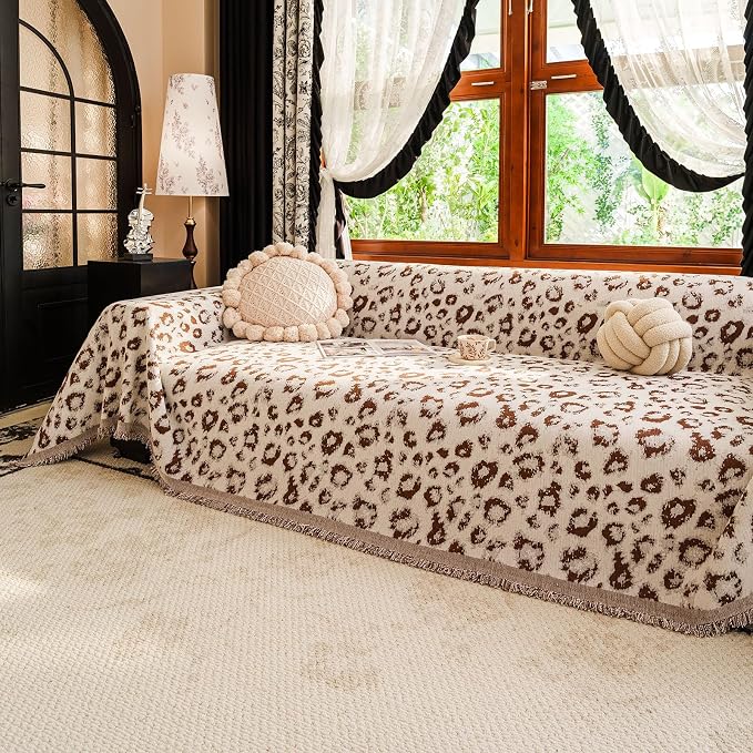 VClife Boho Couch Cover, Cute Animal Cheetah Throw Cover for Couches, Extra Large Couch Covers for 3 Seaters, Non Slip Couch Slip Cover for Dog Versatile Furniture Protector, Brown, 71''x150''