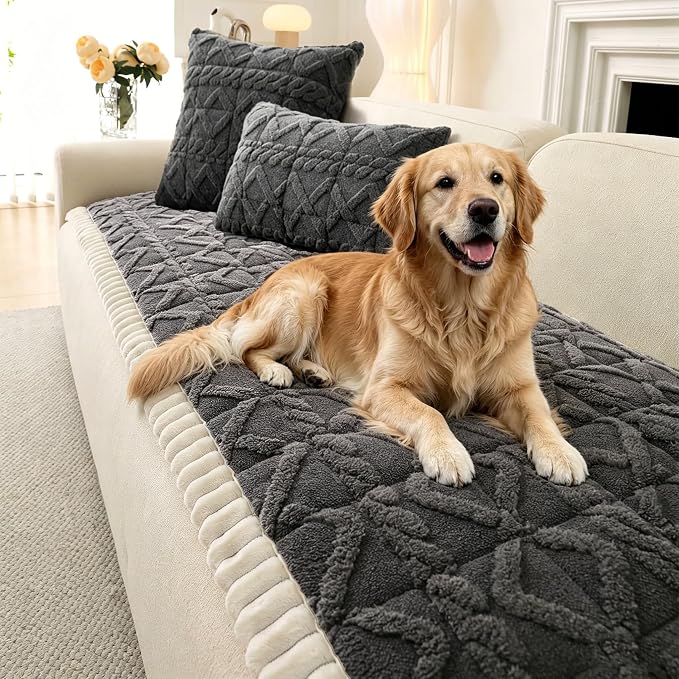 OTOB Couch Cover for Dogs Washable Pet Friendly, Non Slip Plush Fuzzy Love Seat Couch Covers Sofa Slipcovers, Geometric Jacquard Soft Pet Cushion Mat Furniture Protector (Dark Gray, 27.6" x 59.1")