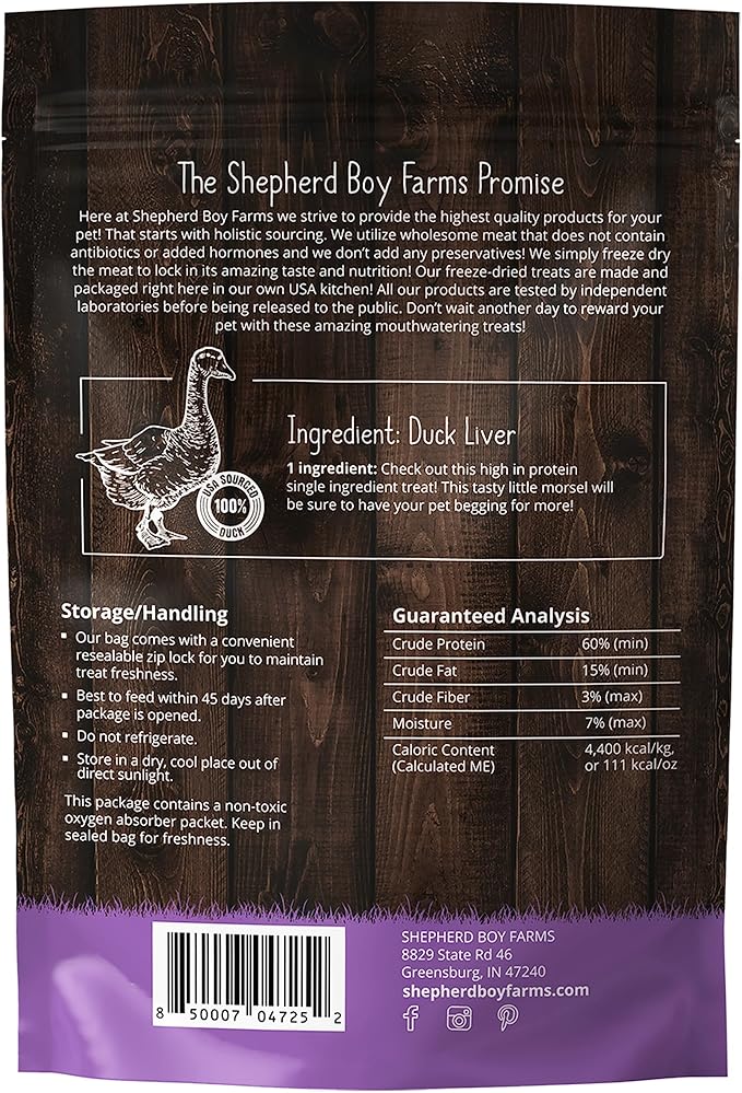 Shepherd Boy Farms Freeze Dried Dog and Cat Treats, Duck Liver, All Natural Single Ingredient Freeze-Dried Dog Treat & Snacks, Made in USA, High Protein, Essential Nutrition of Raw Food, 3oz