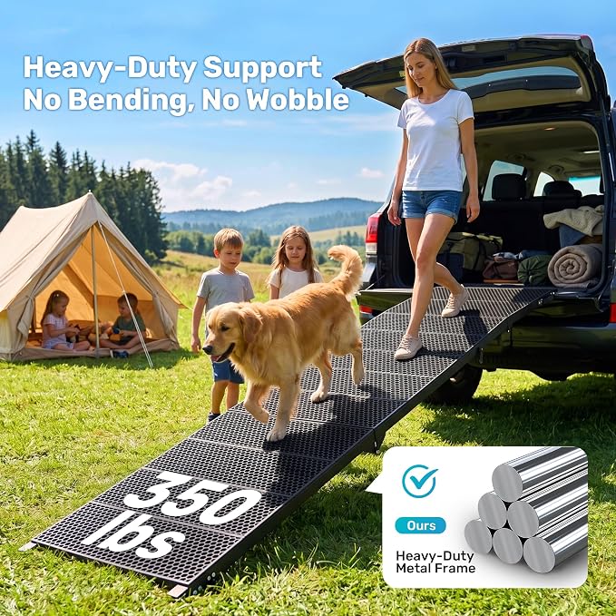 71" Extra Long Dog Ramp for Large Dogs, Heavy Duty Metal Frame Pet Ramp for High SUVs, Trucks and Cars, Portable Folding Travel Dog Ramps with Safety Latch, Supports up to 350lbs