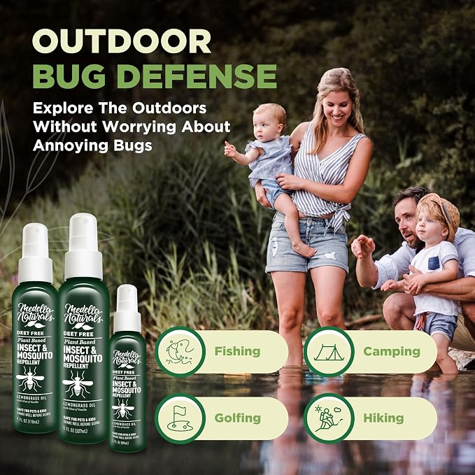 Deet-Free Insect & Mosquito Repellent – Travel Pack (2,4, 8 oz) | Insect Repellent with Lemongrass Oil Safe for Pets and Kids – Bug Spray for Mosquitoes, Gnats, Black Flies, and No-see-ums