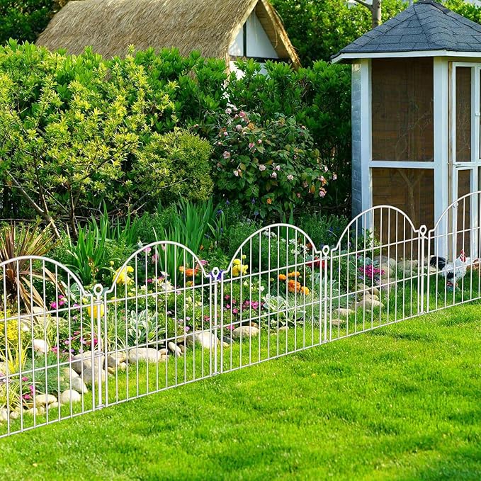 10 Panels No Dig Decorative Garden Fence for Yard, 24in (H) x 20ft (L) Rustproof Metal Wire Panel Border Animal Barrier Fencing for Dog, Rabbits, Flower Bed Edging Ornamental with Ground Stake, White