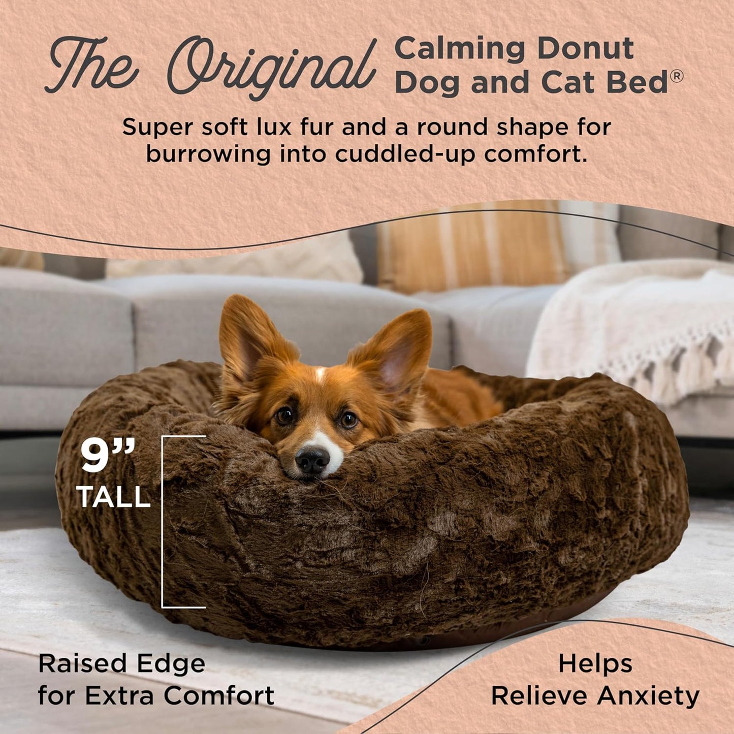 Best Friends by Sheri Original Calming Donut Dog and Cat Bed, Lux Faux Fur, Dark Brown, (30in x 30in) - Anxiety Relief for Pets Up to 45 lbs