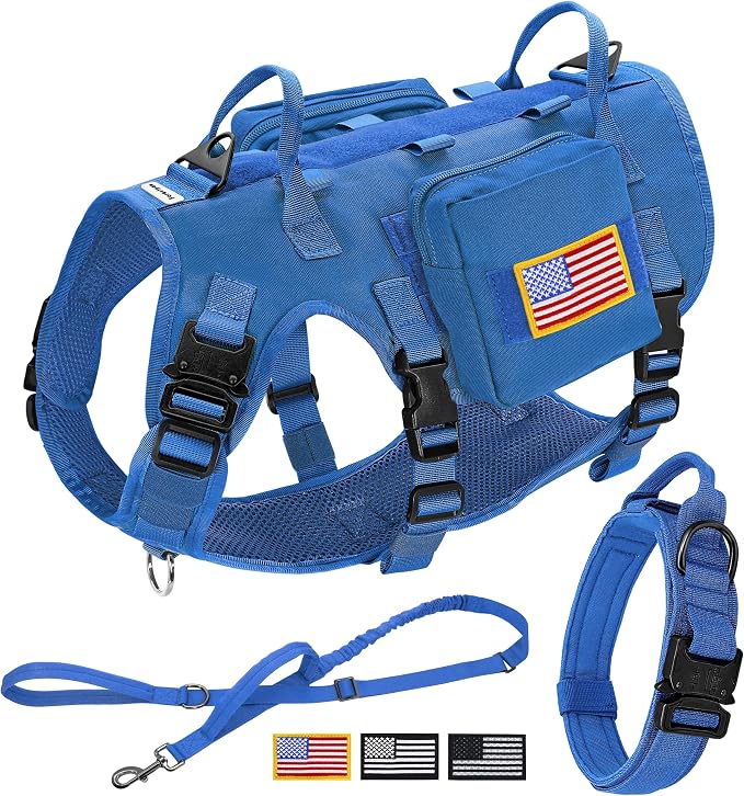 Forestpaw Tactical Dog Harness Collar Bungee Leash Set,S,Blue | Adjustable Fits 17-25" Chest,20-35 lbs,No Pull Control Military Style,Quick Release Buckle,Walking for Medium Dogs