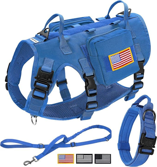 Forestpaw Tactical Dog Harness Collar Bungee Leash Set,S,Blue | Adjustable Fits 17-25" Chest,20-35 lbs,No Pull Control Military Style,Quick Release Buckle,Walking for Medium Dogs