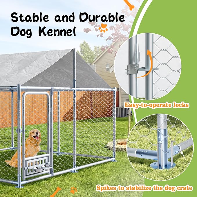 Grepatio 7.5x7.5 FT Outdoor Dog Kennel with Roof, Outside Dog Enclosure with 2 Rotating Feeder Bowls, Dog Kennel Dog Playpen Fence for Large Dogs with Secure Lock (7.5x7.5 FT)