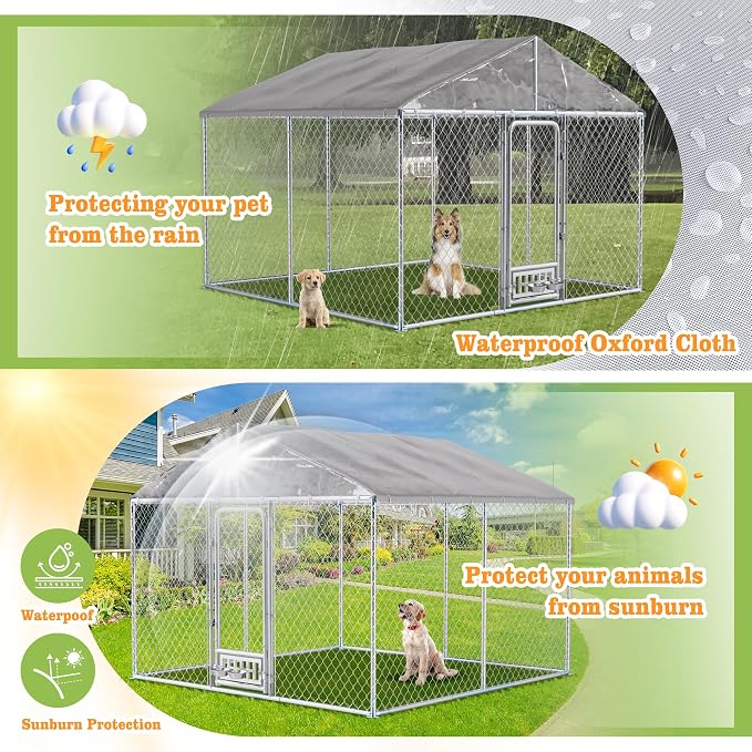Grepatio 10x10 FT Outdoor Dog Kennel with Roof, Outside Dog Enclosure with 2 Rotating Feeder Bowls, Dog Kennel Dog Playpen Fence for Large Dogs with Secure Lock (10x10 FT)