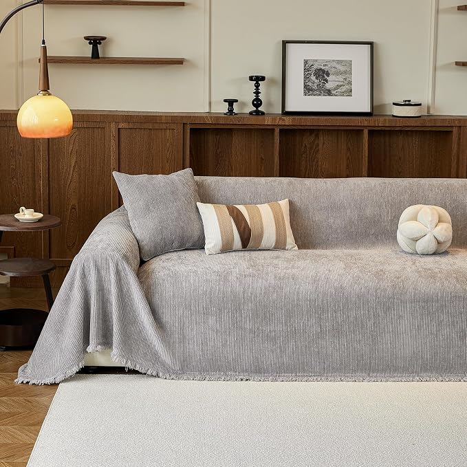 VClife Vintage Light Gray Striped Couch Cover with Tassel, 71" X 150" | Soft Thick Chenille Couch Covers for 3 Cushion Couch Sofa, Washable Sofa Covers for Sectional Sofa, Fade & Shrink Resistant