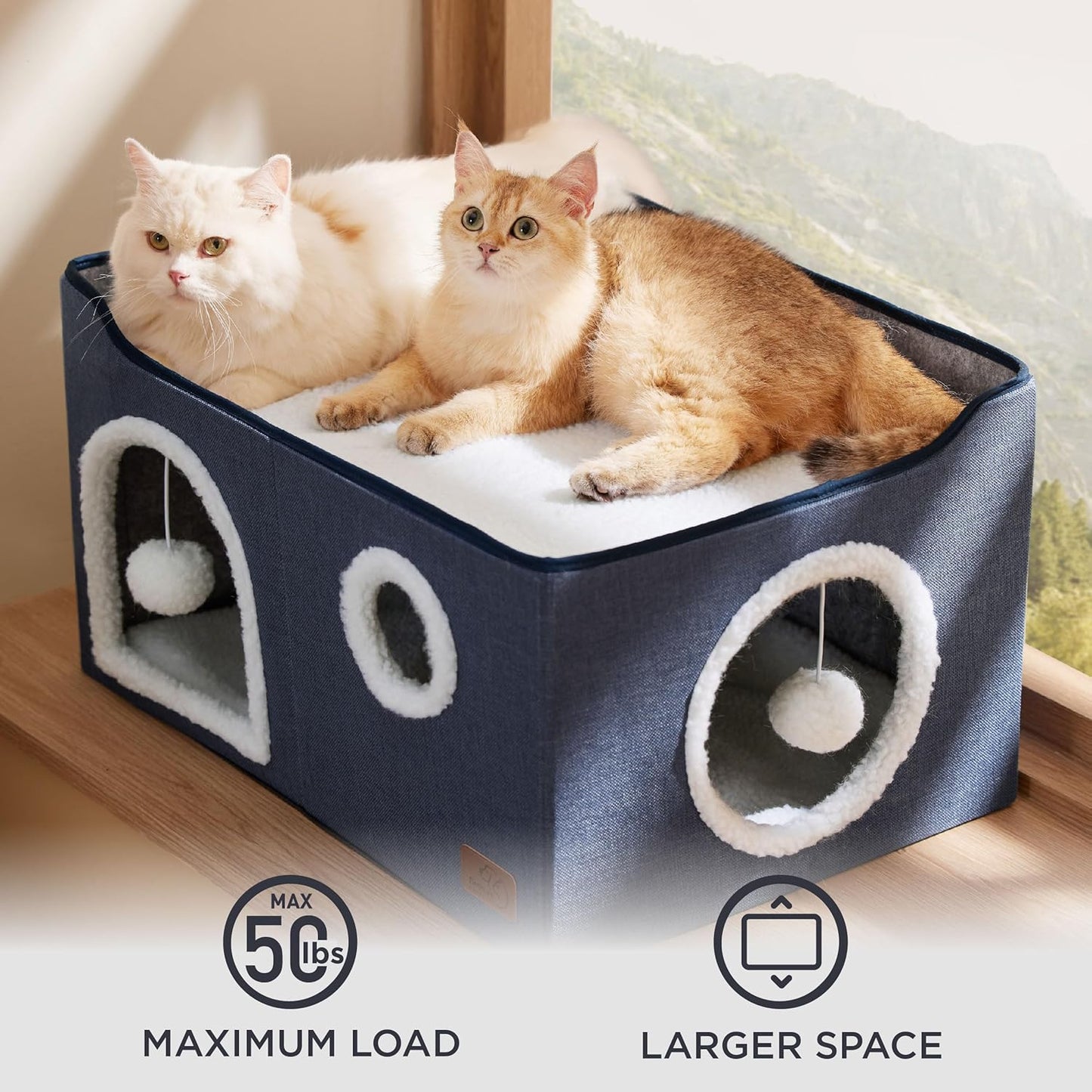 Bedsure Large Cat Beds for Indoor Cats - Extra Wide Cat Cube House for Small Pet with Fluffy Ball Hanging and Scratch Pad, Foldable Pet Cave Hideaway for Multiple Cats, 23.6x16.9x13 inches, Blue